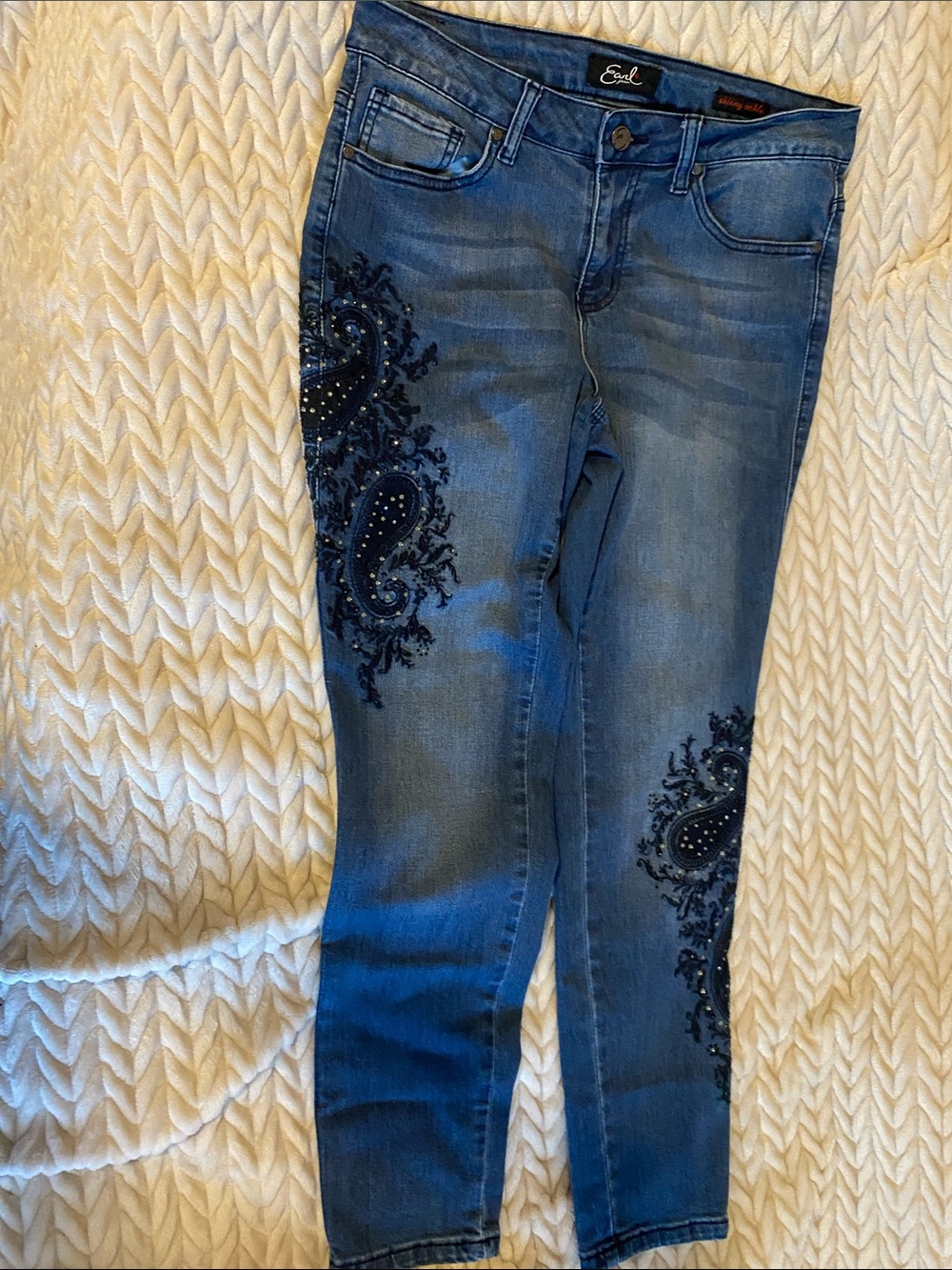 easel Blue Skinny Jeans with Paisley Bead Embellishments